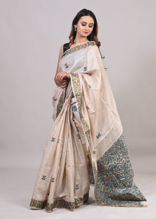 Kosakari " Ishvika" Natural Beige Pure Kosa Silk Saree with Hand Painted Godna Art & Intricate Floral Pallu