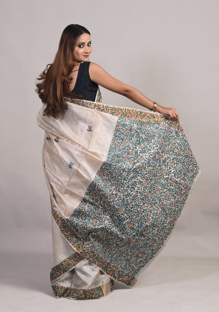 Kosakari " Ishvika" Natural Beige Pure Kosa Silk Saree with Hand Painted Godna Art & Intricate Floral Pallu