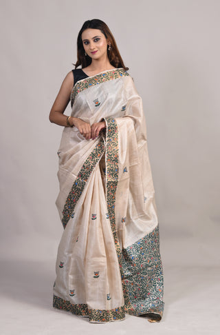 Kosakari " Ishvika" Natural Beige Pure Kosa Silk Saree with Hand Painted Godna Art & Intricate Floral Pallu