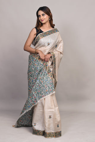 Kosakari " Ishvika" Natural Beige Pure Kosa Silk Saree with Hand Painted Godna Art & Intricate Floral Pallu
