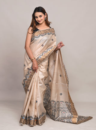 Kosakari "Ojasvi" Natural Beige Pure Kosa Silk Saree with Hand Painted Godna Art & Figurative Border