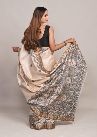 Kosakari "Ojasvi" Natural Beige Pure Kosa Silk Saree with Hand Painted Godna Art & Figurative Border