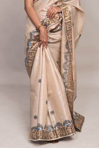 Kosakari "Ojasvi" Natural Beige Pure Kosa Silk Saree with Hand Painted Godna Art & Figurative Border