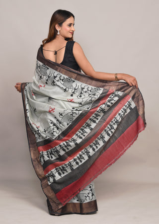 Ivory Tribal Hand Block Printed Blended Kosa Silk Saree