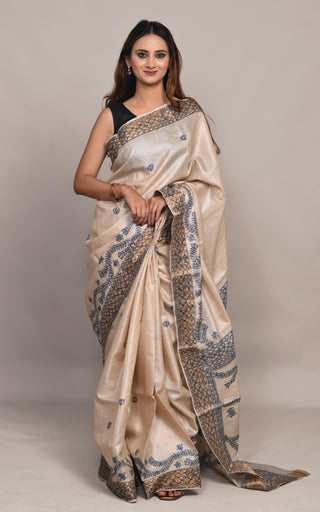 Kosakari " Devanshi" Natural Beige Pure Kosa Silk Saree with Hand Painted Godna Art & Indigo Detailing