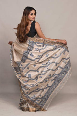 Kosakari " Devanshi" Natural Beige Pure Kosa Silk Saree with Hand Painted Godna Art & Indigo Detailing