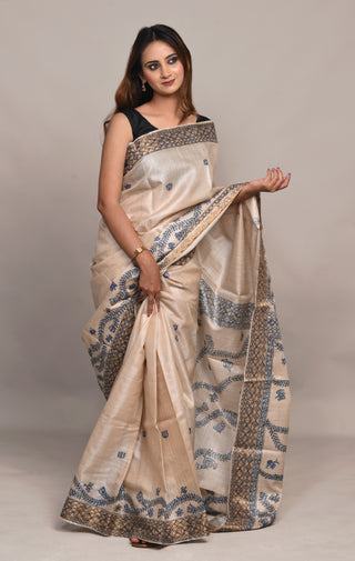 Kosakari " Devanshi" Natural Beige Pure Kosa Silk Saree with Hand Painted Godna Art & Indigo Detailing
