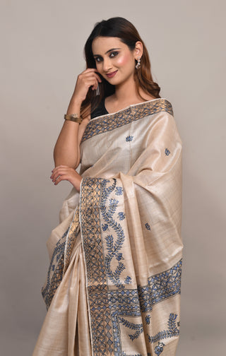 Kosakari " Devanshi" Natural Beige Pure Kosa Silk Saree with Hand Painted Godna Art & Indigo Detailing