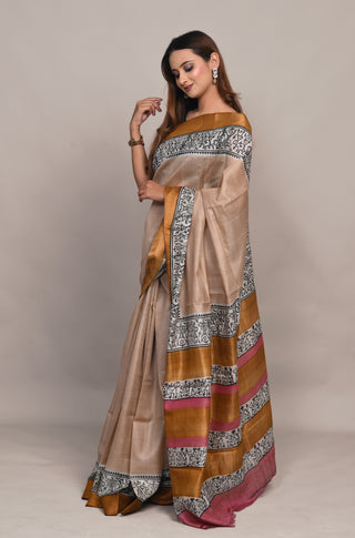 Beige Tribal Hand Block Printed Blended Kosa Silk Saree