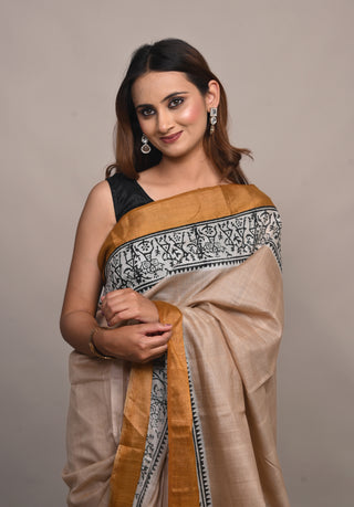 Beige Tribal Hand Block Printed Blended Kosa Silk Saree
