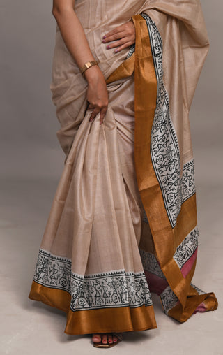 Beige Tribal Hand Block Printed Blended Kosa Silk Saree