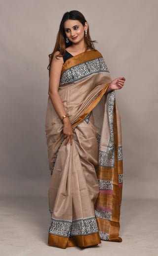 Beige Tribal Hand Block Printed Blended Kosa Silk Saree