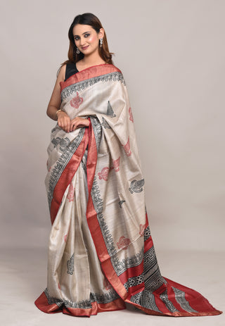 Kosakari "Saumyaa" Ivory Pure Kosa Silk Saree with Hand Block Printed Motifs & Red Accent Border