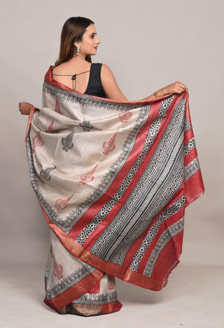 Kosakari "Saumyaa" Ivory Pure Kosa Silk Saree with Hand Block Printed Motifs & Red Accent Border