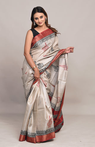 Kosakari "Saumyaa" Ivory Pure Kosa Silk Saree with Hand Block Printed Motifs & Red Accent Border