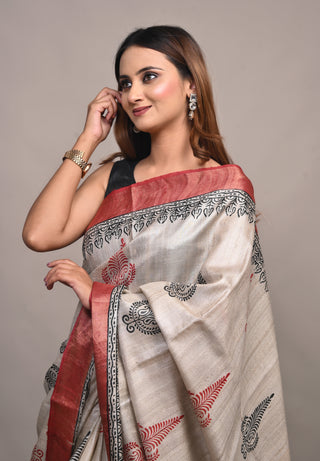 Kosakari "Saumyaa" Ivory Pure Kosa Silk Saree with Hand Block Printed Motifs & Red Accent Border