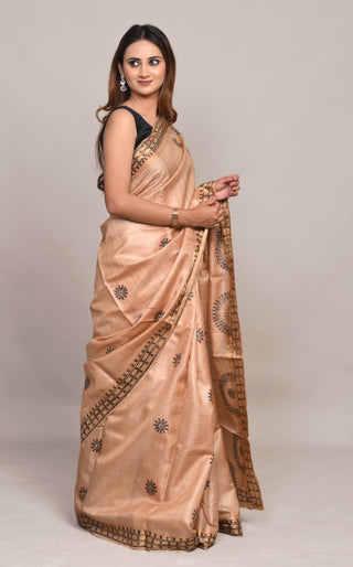 Kosakari "Aabhaari" Golden Peach Pure Kosa Silk Saree with Hand Painted Godna Art & Tribal Motifs