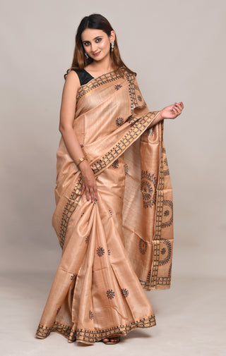 Kosakari "Aabhaari" Golden Peach Pure Kosa Silk Saree with Hand Painted Godna Art & Tribal Motifs