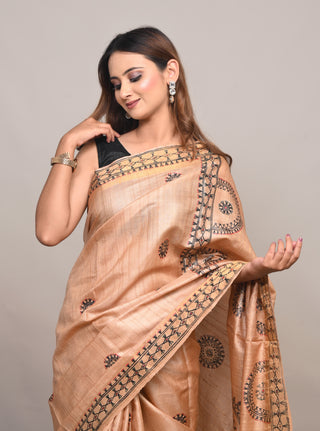 Kosakari "Aabhaari" Golden Peach Pure Kosa Silk Saree with Hand Painted Godna Art & Tribal Motifs