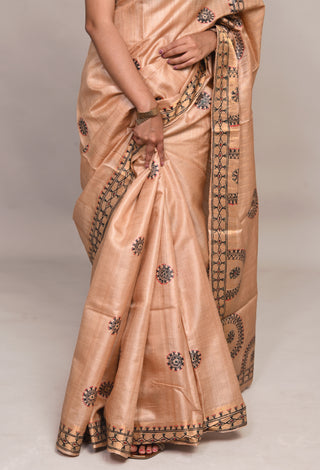 Kosakari "Aabhaari" Golden Peach Pure Kosa Silk Saree with Hand Painted Godna Art & Tribal Motifs