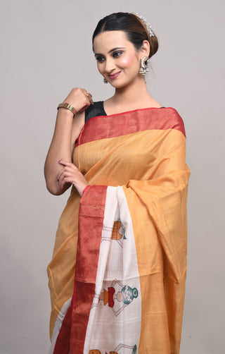 Rangbhoomi Mustard Tribal Hand Block Printed Blended Kosa Silk Saree
