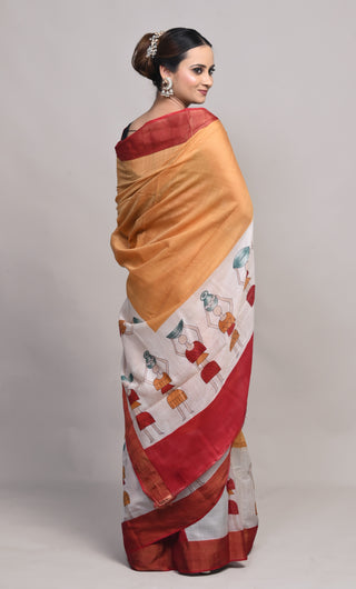 Rangbhoomi Mustard Tribal Hand Block Printed Blended Kosa Silk Saree