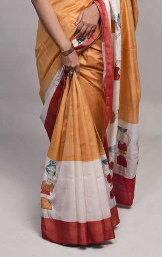 Rangbhoomi Mustard Tribal Hand Block Printed Blended Kosa Silk Saree