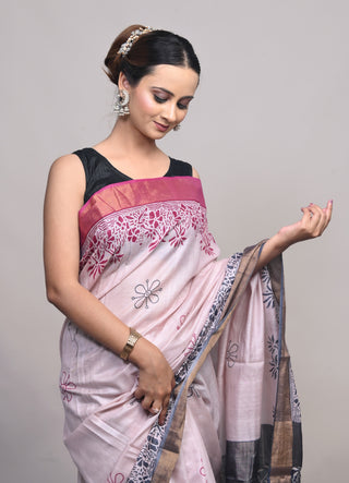 Blush Pink Hand Block Printed Blended Kosa Silk Saree