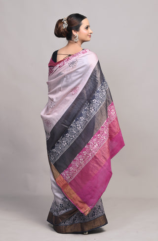 Blush Pink Hand Block Printed Blended Kosa Silk Saree