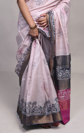 Blush Pink Hand Block Printed Blended Kosa Silk Saree