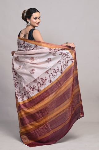 Blush Pink Tribal Hand Block Printed Blended Kosa Silk Saree