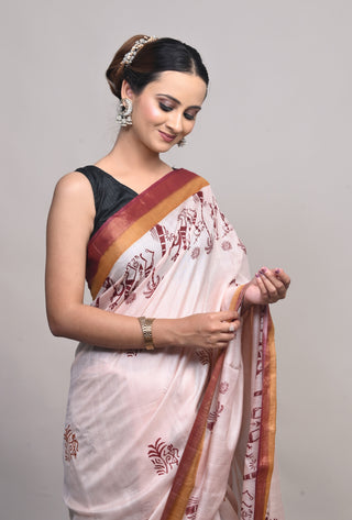 Blush Pink Tribal Hand Block Printed Blended Kosa Silk Saree