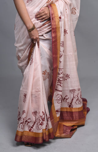 Blush Pink Tribal Hand Block Printed Blended Kosa Silk Saree
