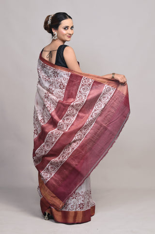 Ivory Floral Hand Block Printed Blended Kosa Silk Saree