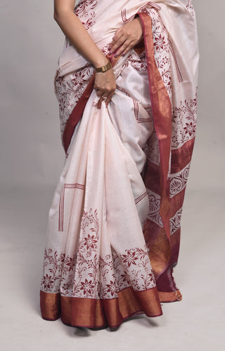 Ivory Floral Hand Block Printed Blended Kosa Silk Saree