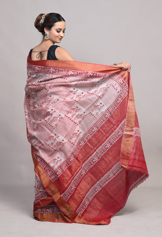 Red Tribal Hand Block Printed Blended Kosa Silk Saree