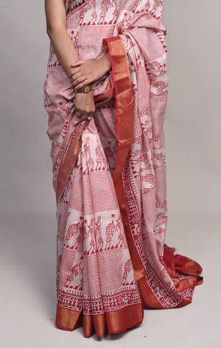 Red Tribal Hand Block Printed Blended Kosa Silk Saree