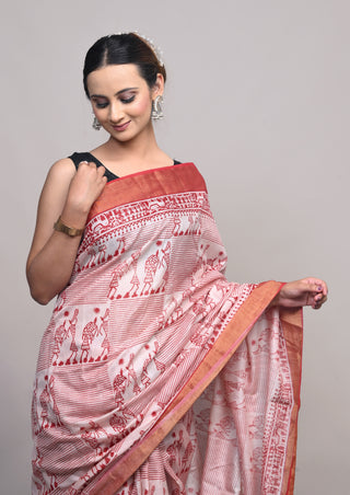 Red Tribal Hand Block Printed Blended Kosa Silk Saree