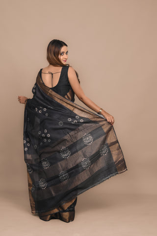 Charcoal Hand Block Printed Blended Kosa Silk Saree
