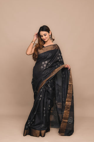 Charcoal Hand Block Printed Blended Kosa Silk Saree