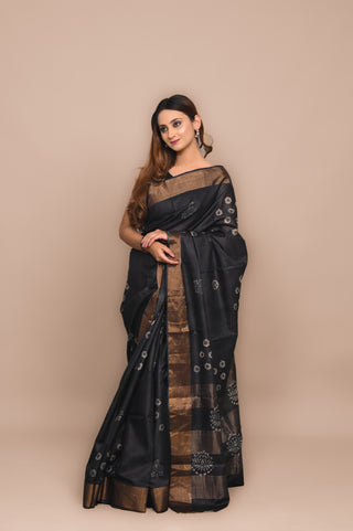 Charcoal Hand Block Printed Blended Kosa Silk Saree