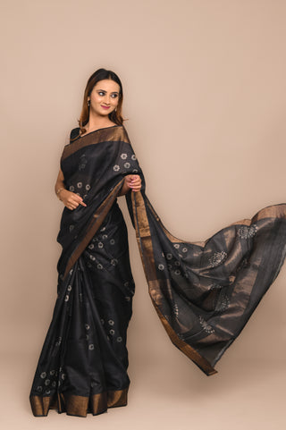 Charcoal Hand Block Printed Blended Kosa Silk Saree