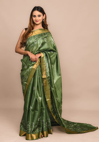 Kosakari "Vaidehi" Leaf Green Pure Kosa Silk Saree with Hand Block Printed Buti Motifs & Gold Border
