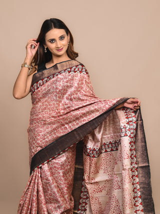 Kosakari "Anvitha" Natural Ivory Pure Kosa Silk Saree with Hand Block Printed Tribal Motifs & Deep Brown Border