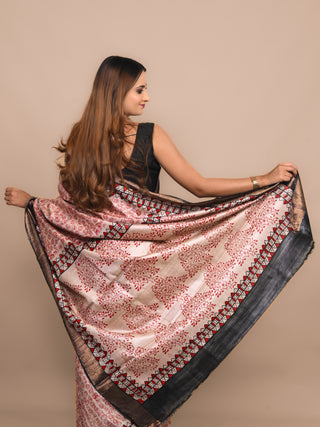 Kosakari "Anvitha" Natural Ivory Pure Kosa Silk Saree with Hand Block Printed Tribal Motifs & Deep Brown Border