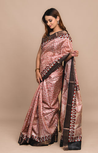 Kosakari "Anvitha" Natural Ivory Pure Kosa Silk Saree with Hand Block Printed Tribal Motifs & Deep Brown Border