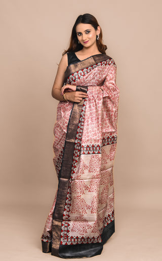 Kosakari "Anvitha" Natural Ivory Pure Kosa Silk Saree with Hand Block Printed Tribal Motifs & Deep Brown Border