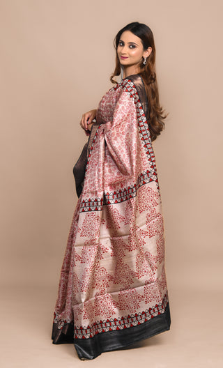 Kosakari "Anvitha" Natural Ivory Pure Kosa Silk Saree with Hand Block Printed Tribal Motifs & Deep Brown Border