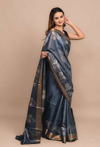 Kosakari "Tvesha" Deep Indigo Pure Kosa Silk Saree with Hand Block Printed Floral Motifs & Antique Gold Border