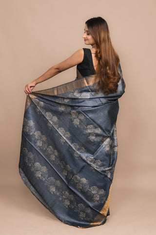 Kosakari "Tvesha" Deep Indigo Pure Kosa Silk Saree with Hand Block Printed Floral Motifs & Antique Gold Border